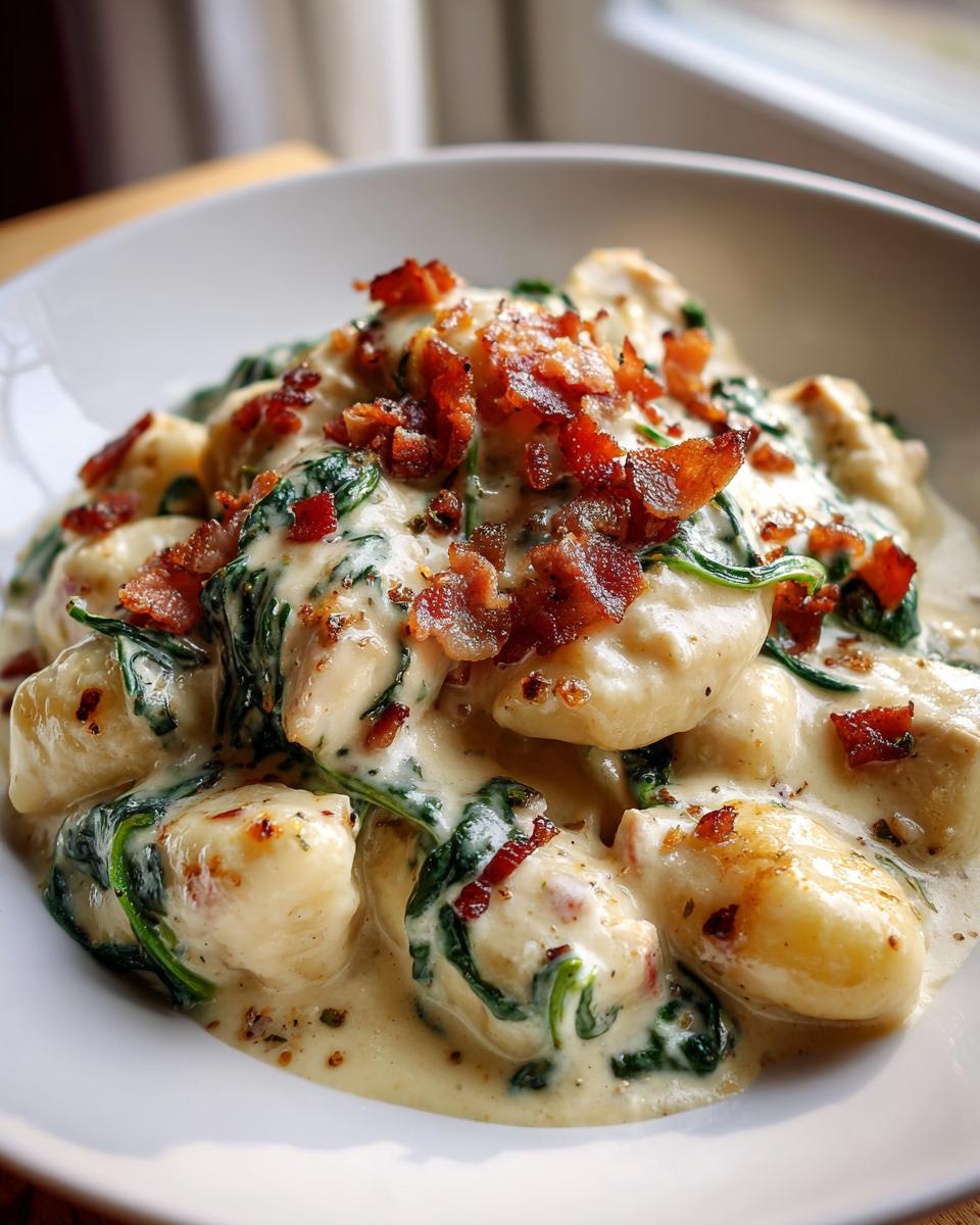 Close-up of creamy crack chicken gnocchi mixed with spinach and topped generously with crumbled bacon.