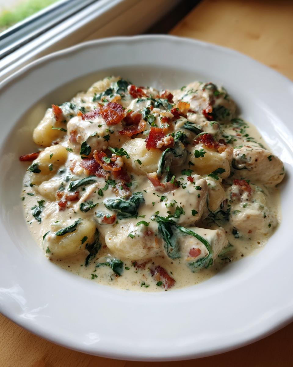 A bowl filled with creamy crack chicken gnocchi, featuring tender gnocchi, chicken pieces, spinach, and topped with crispy bacon.
