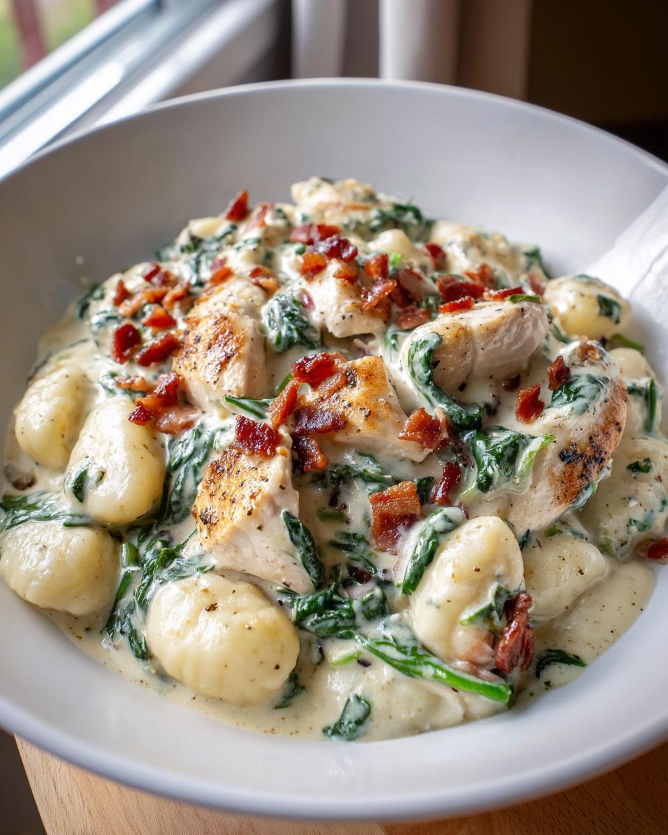 Close-up of creamy crack chicken gnocchi dish featuring tender chicken pieces, spinach, and bacon bits in a white bowl.
