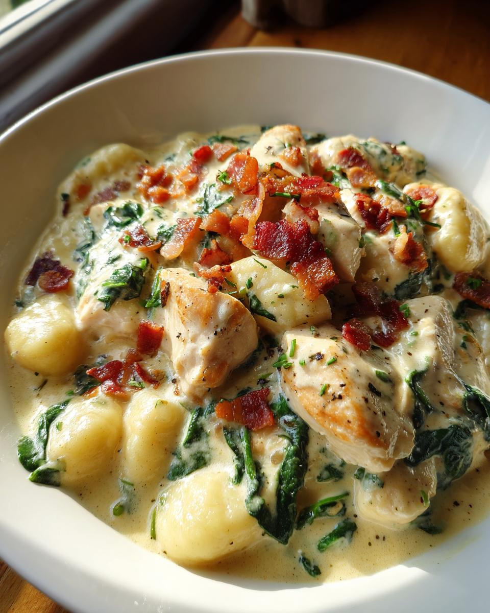 Close-up of creamy crack chicken gnocchi dish featuring tender chicken pieces, potato gnocchi, wilted spinach, and crispy bacon crumbles.
