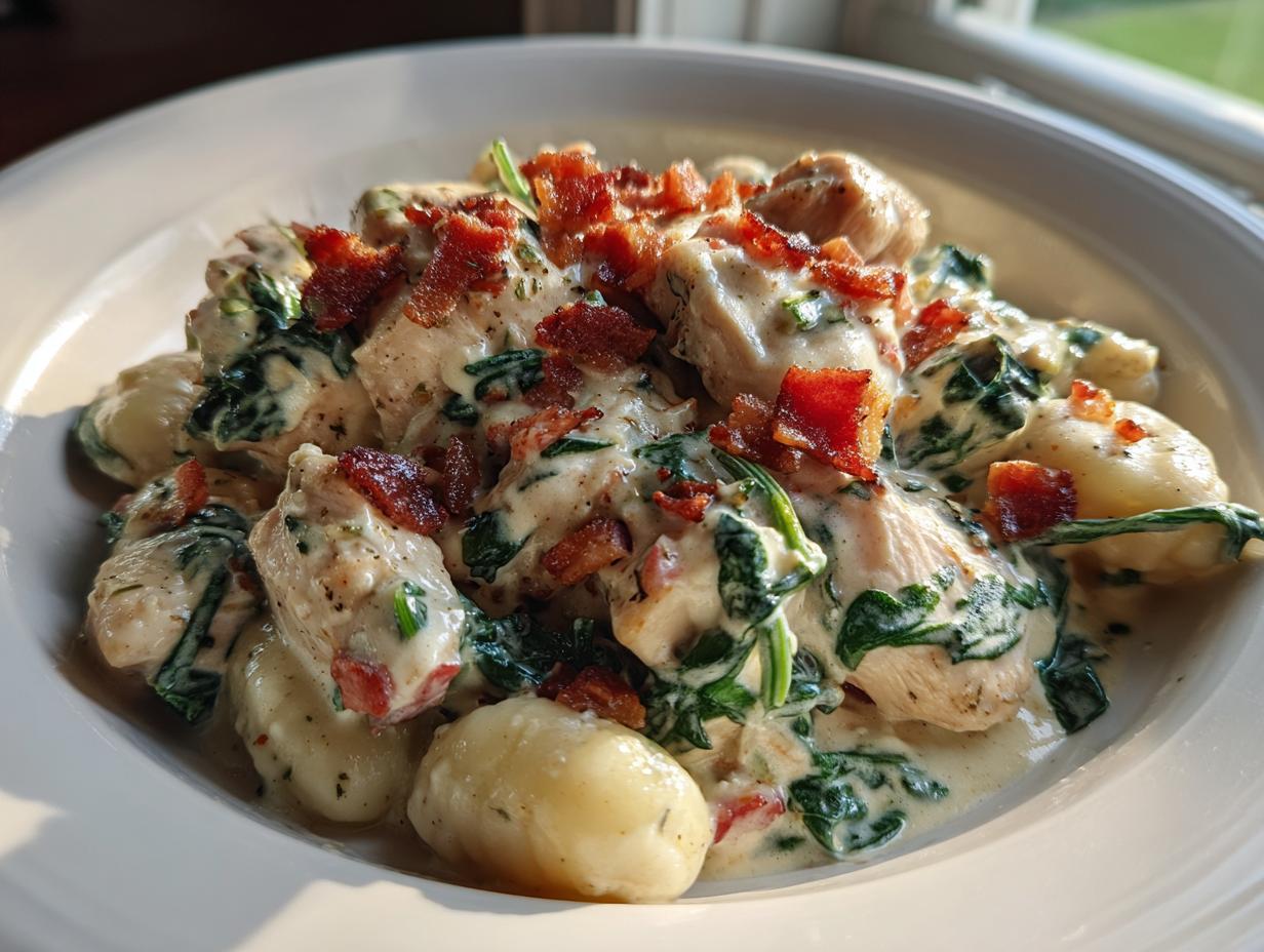 A close-up of creamy crack chicken gnocchi dish featuring tender chicken, spinach, and bacon crumbles in a rich sauce.