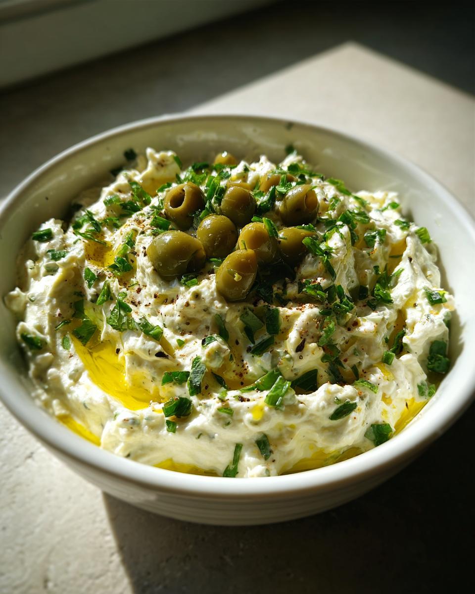 A close-up of creamy dirty martini dip garnished with whole green olives, chopped herbs, and olive oil.