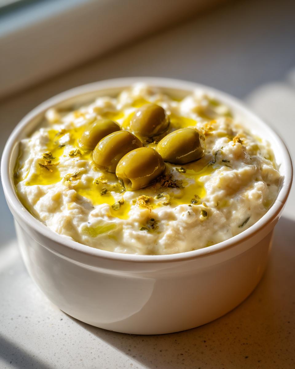 Close-up of a creamy, white dirty martini dip in a white bowl, drizzled with olive oil and topped with five green olives.