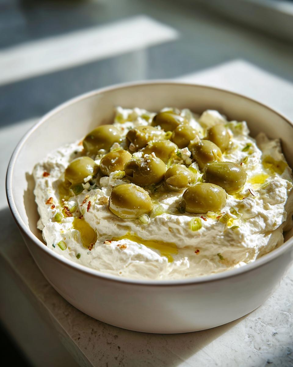 A creamy white dip, likely dirty martini dip, topped generously with whole green olives and drizzled with olive oil.