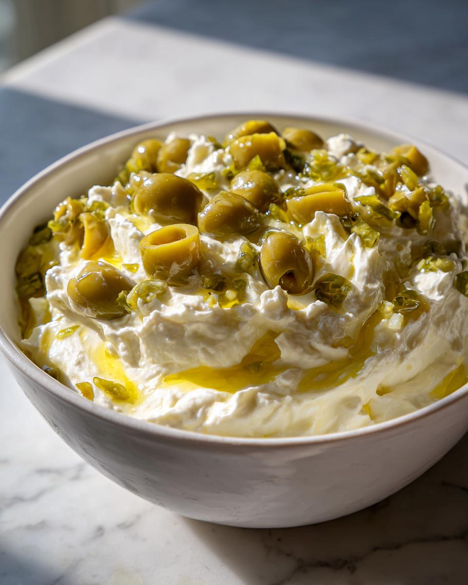 Close-up of a white bowl filled with creamy dirty martini dip, topped with green olives and olive oil.