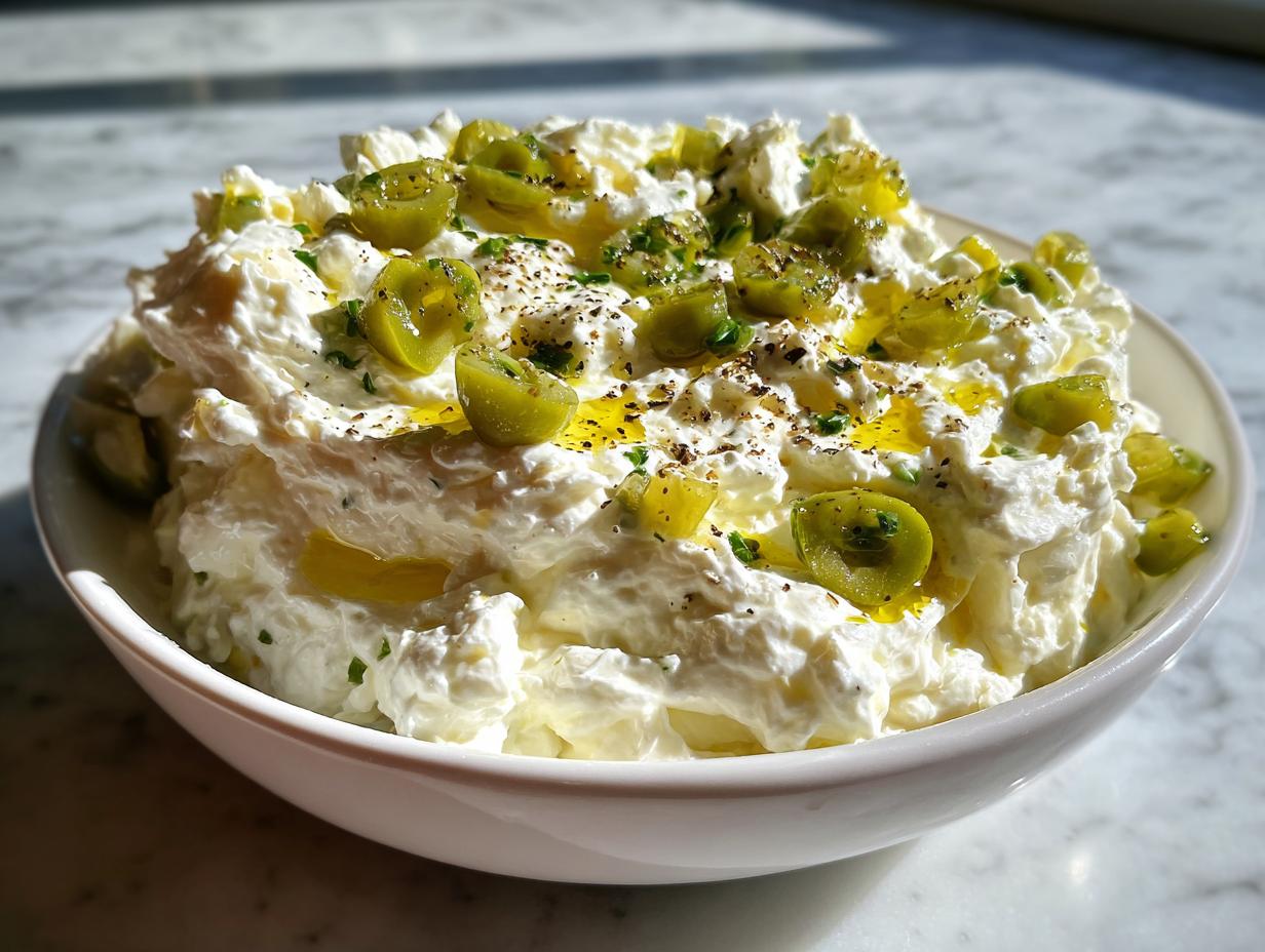 Close-up of a creamy, white dirty martini dip topped with sliced green olives, olive oil, and cracked black pepper.