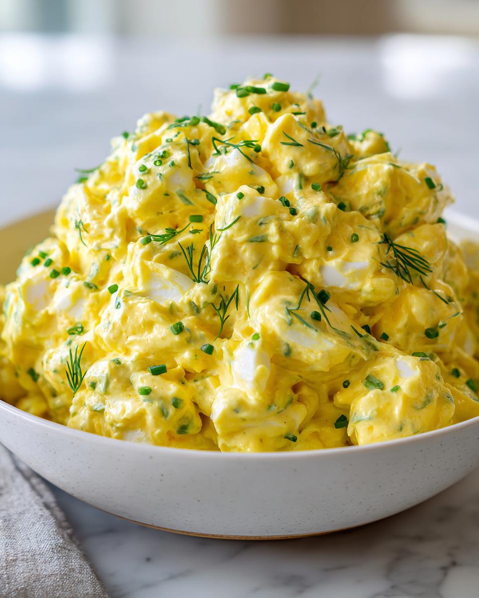 A large bowl overflowing with creamy, bright yellow egg salad recipe, garnished with chopped chives and dill.