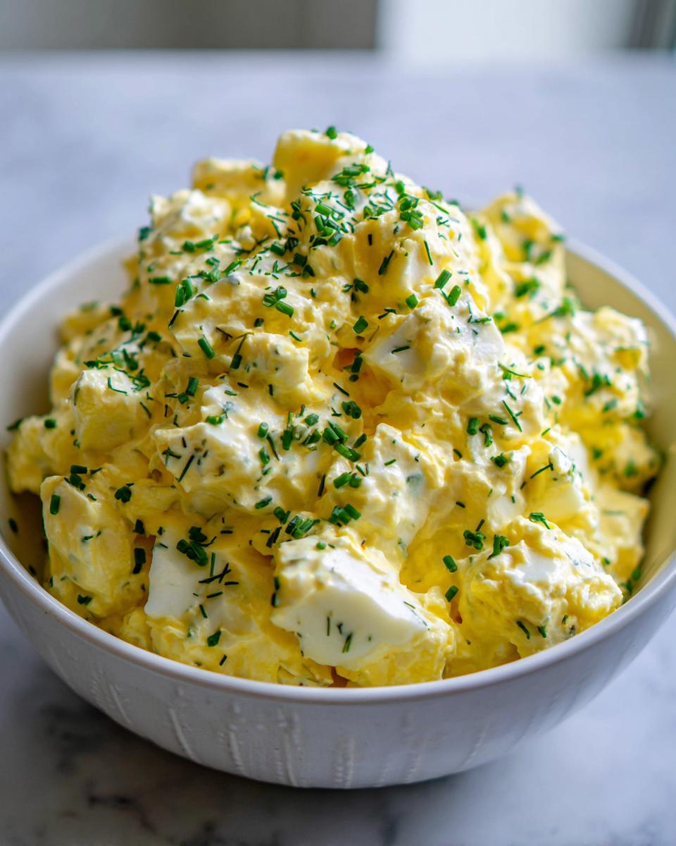 A close-up of a white bowl filled with creamy, chunky egg salad recipe, garnished generously with chopped green chives.