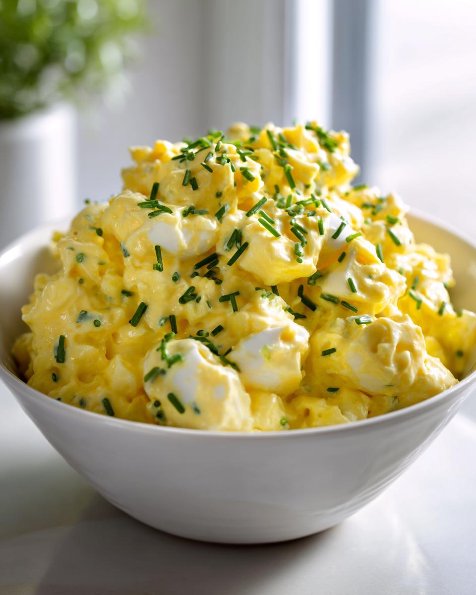 A close-up of a white bowl filled with creamy, yellow egg salad recipe, garnished generously with chopped green chives.