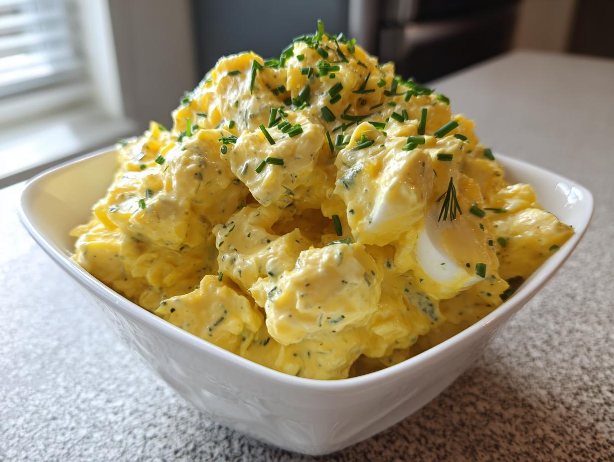 A generous serving of creamy, yellow egg salad recipe topped with fresh chopped chives in a white bowl.