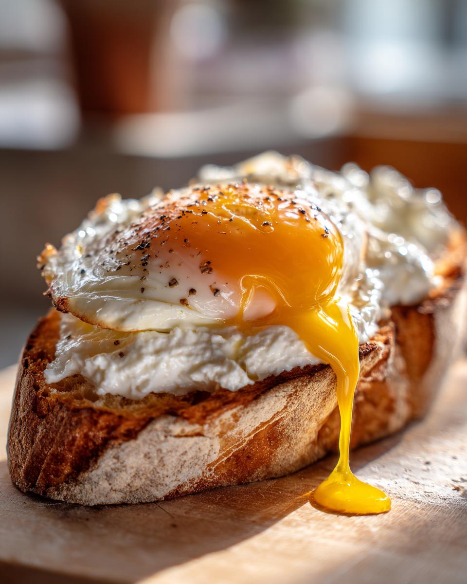 Close-up of creamy egg toast featuring a perfectly cooked fried egg with a runny yolk dripping down the side.