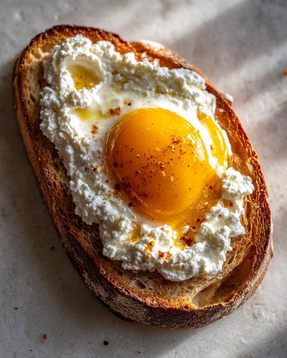 Close-up of creamy egg toast featuring a perfectly cooked sunny-side-up egg over ricotta cheese on toasted sourdough.