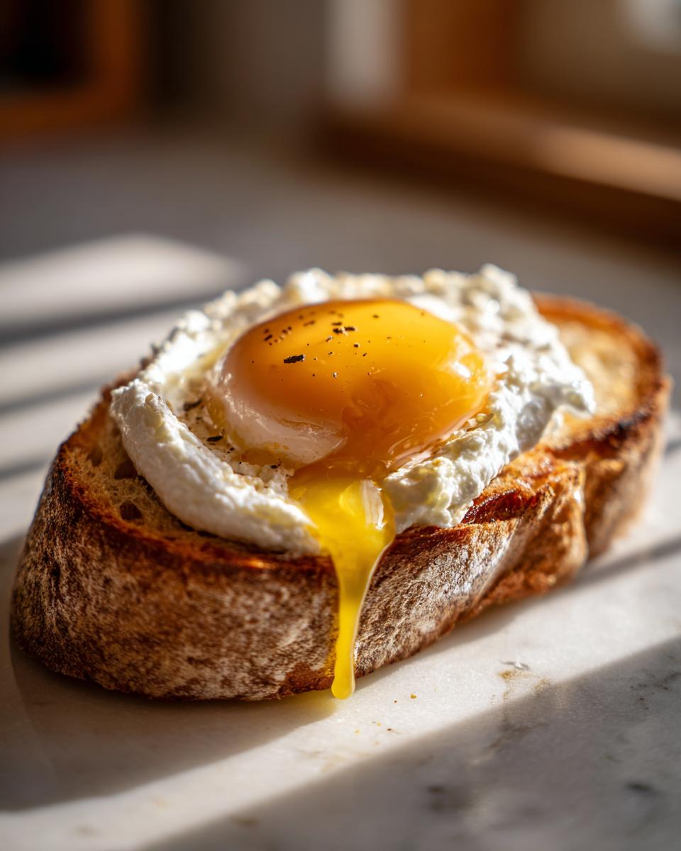 Close-up of creamy egg toast featuring a perfectly cooked egg with a runny yolk dripping down the side of toasted bread.