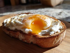Close-up of creamy egg toast featuring a perfectly poached egg with a runny yolk over ricotta cheese on toasted bread.