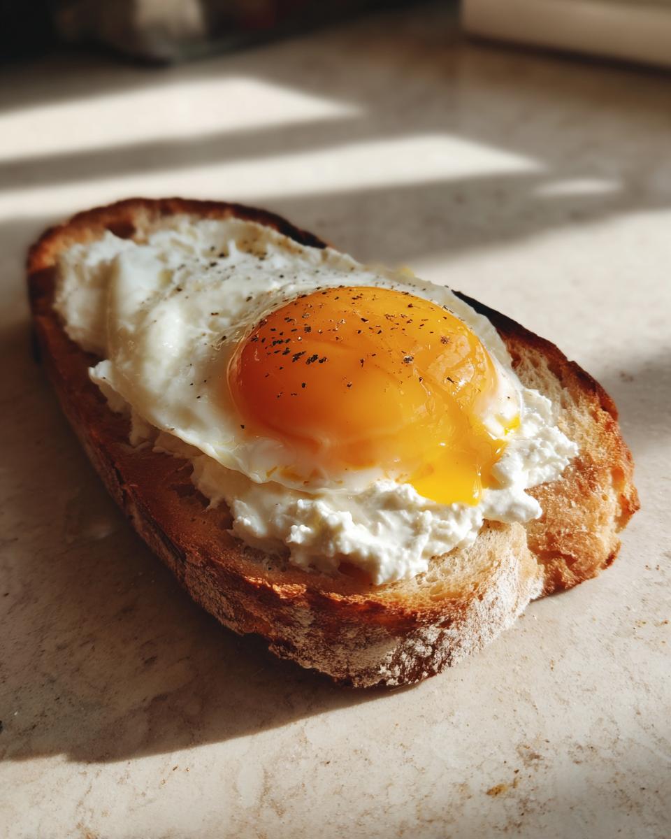 A close-up, sunlit photo of creamy egg toast featuring a sunny side up egg seasoned with pepper over a layer of white cheese spread on toasted bread.