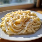 Close-up of fettuccine pasta coated generously in creamy homemade alfredo sauce on a white plate.