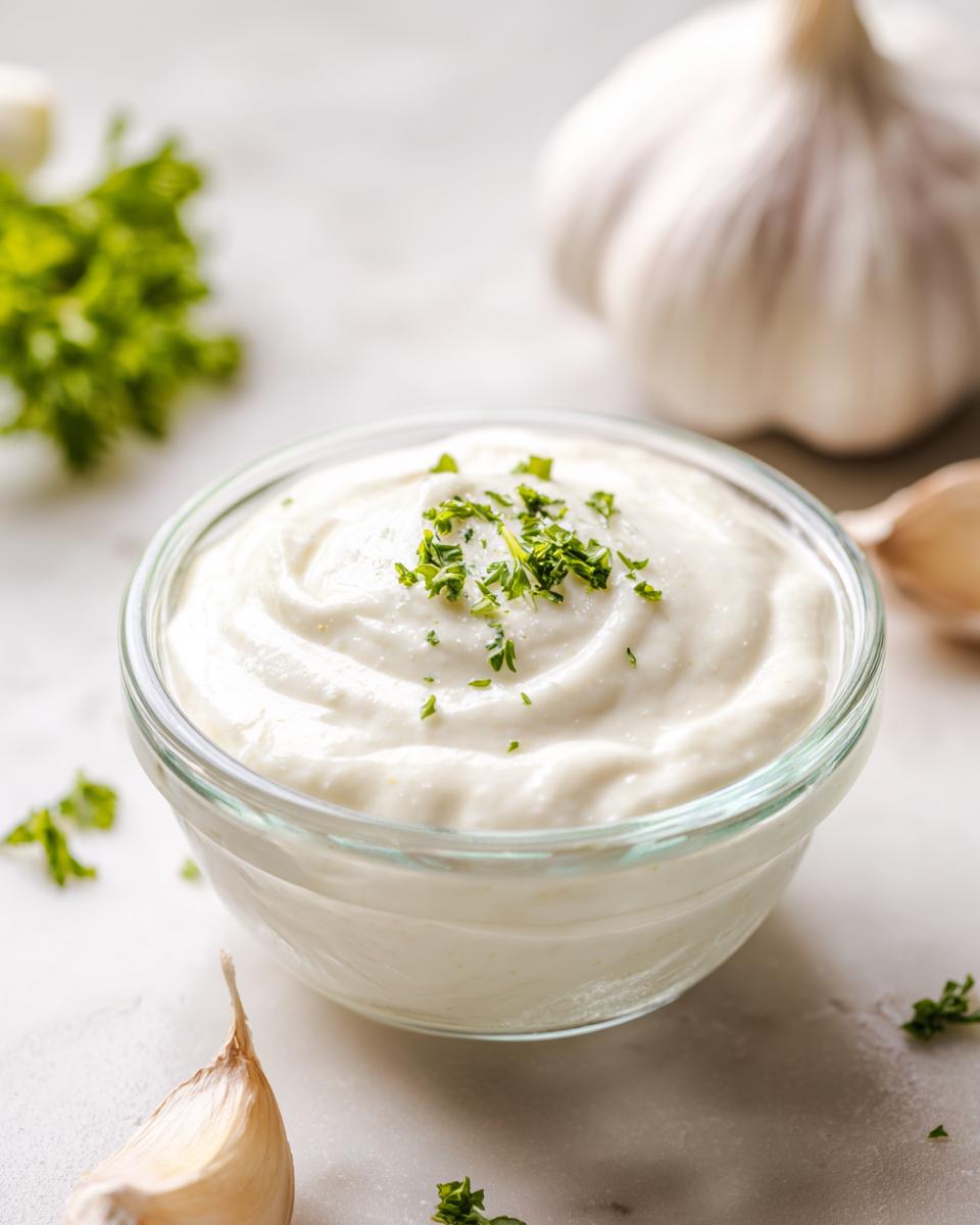 A small glass bowl filled with thick, creamy garlic sauce, garnished with chopped parsley, with garlic bulbs nearby.