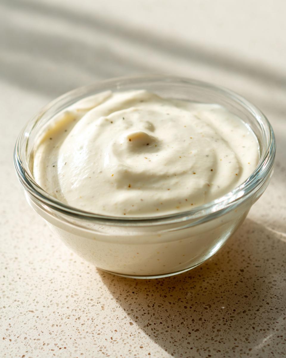 A close-up of thick, creamy garlic sauce swirled in a small clear glass bowl on a light countertop.