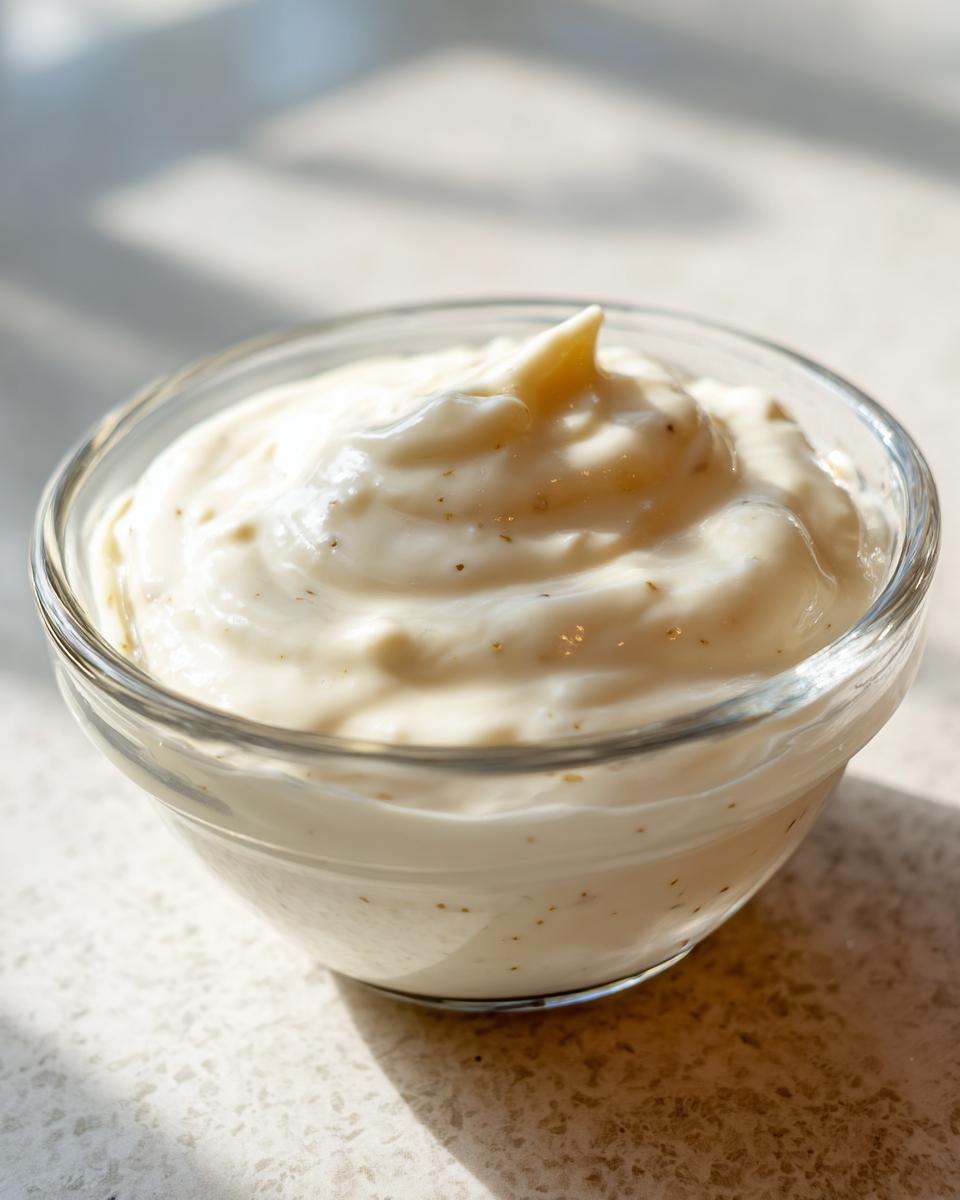 Close-up of thick, creamy homemade garlic sauce with visible specks of herbs in a small clear glass bowl.