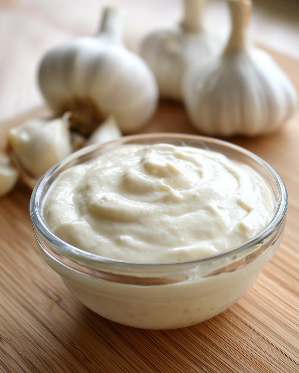A close-up of creamy, white garlic sauce in a clear glass bowl, with whole garlic bulbs blurred in the background.