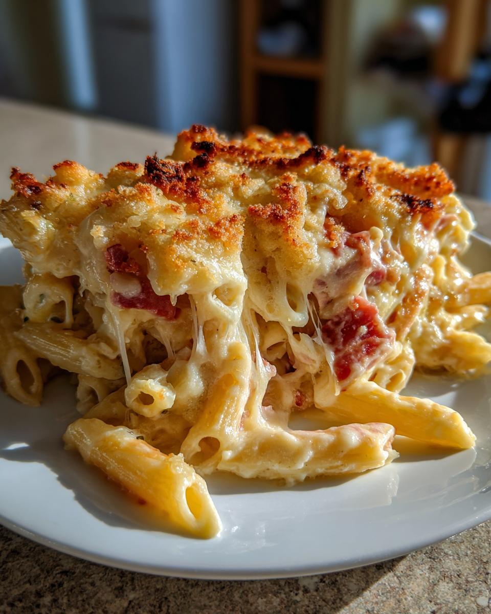 A serving of creamy Ham and cheese casserole featuring penne pasta, chunks of ham, and a bubbly, browned breadcrumb topping.