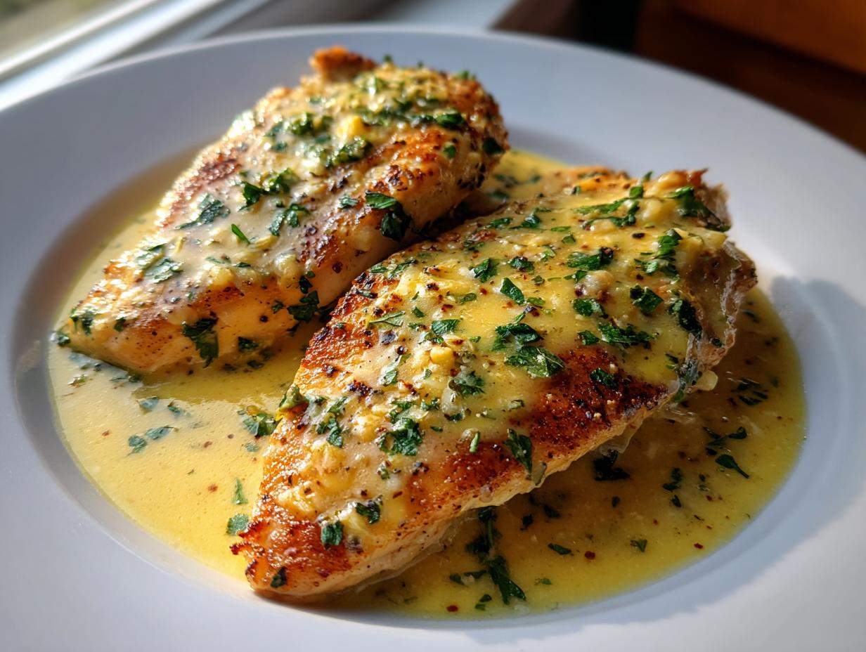 Two golden-brown chicken breasts smothered in a rich, creamy lemon sauce and topped with fresh parsley.
