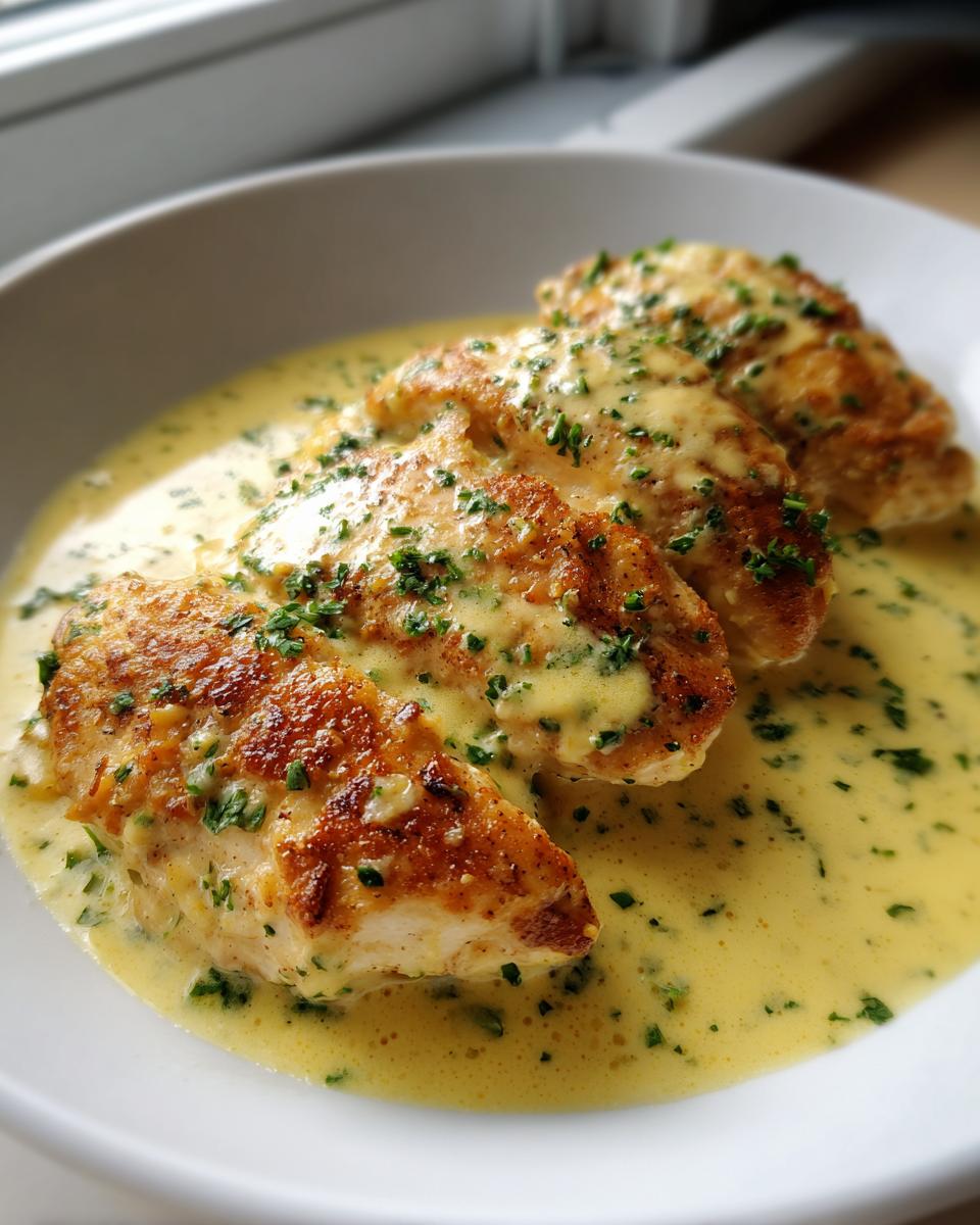 Four pan-seared chicken breasts covered in a rich, yellow creamy lemon sauce and sprinkled with fresh parsley.