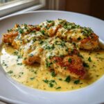Two golden-brown chicken breasts smothered in a rich, creamy lemon chicken sauce and topped with fresh parsley.