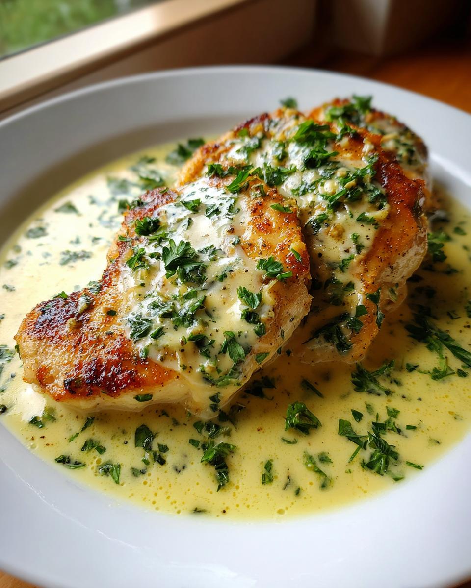 Two golden-brown chicken breasts smothered in a rich, creamy lemon chicken sauce and topped with fresh parsley.