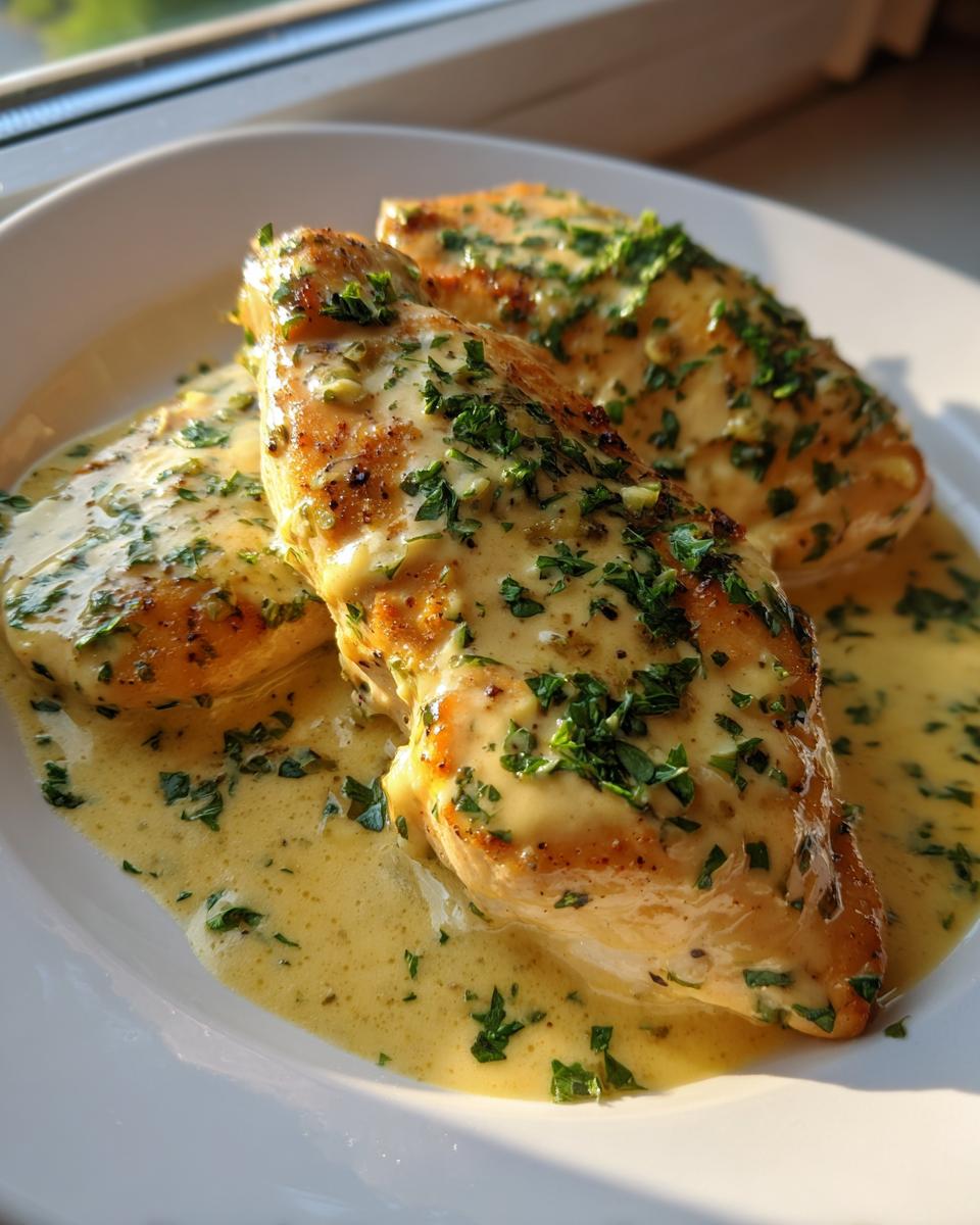 Two seared chicken breasts smothered in a rich, creamy lemon sauce and topped with fresh parsley.