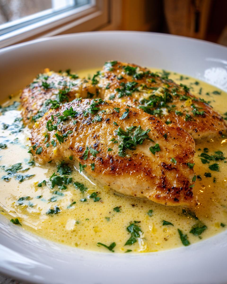 Two pan-seared chicken breasts swimming in a rich, creamy lemon sauce and topped with fresh parsley.