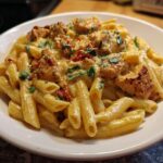Close-up of a creamy marry me chicken pasta dish featuring penne pasta, chunks of seared chicken, sun-dried tomatoes, and fresh herbs.