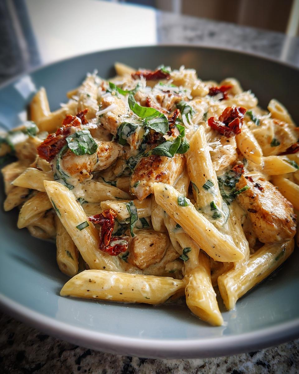 Close-up of creamy marry me chicken pasta with sun-dried tomatoes and fresh basil in a light blue bowl.