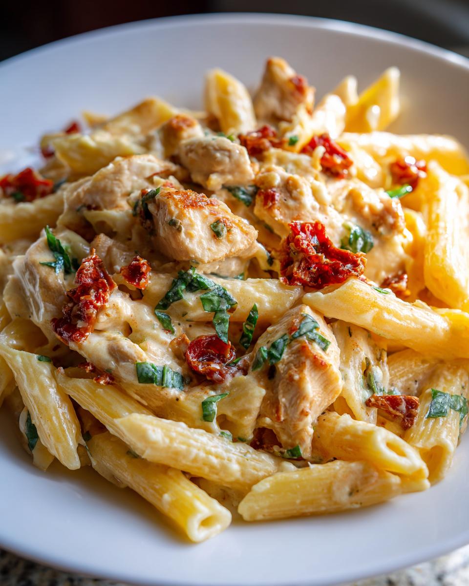 A close-up shot of a bowl of creamy marry me chicken pasta featuring penne, chunks of chicken, sun-dried tomatoes, and fresh basil.