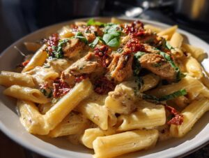 Close-up of creamy marry me chicken pasta featuring penne, chicken pieces, sun-dried tomatoes, and basil.