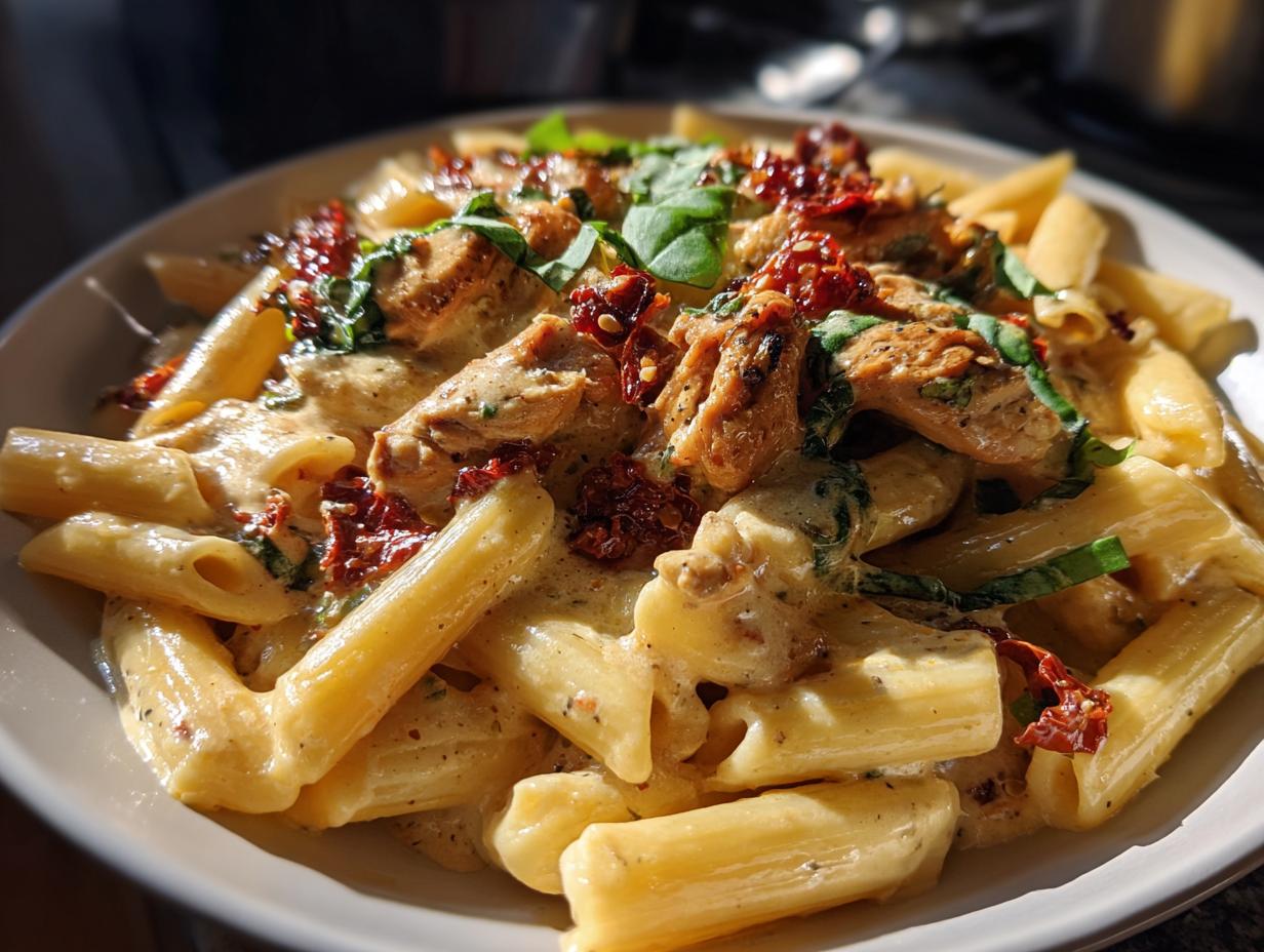 Close-up of creamy marry me chicken pasta featuring penne, chicken pieces, sun-dried tomatoes, and basil.