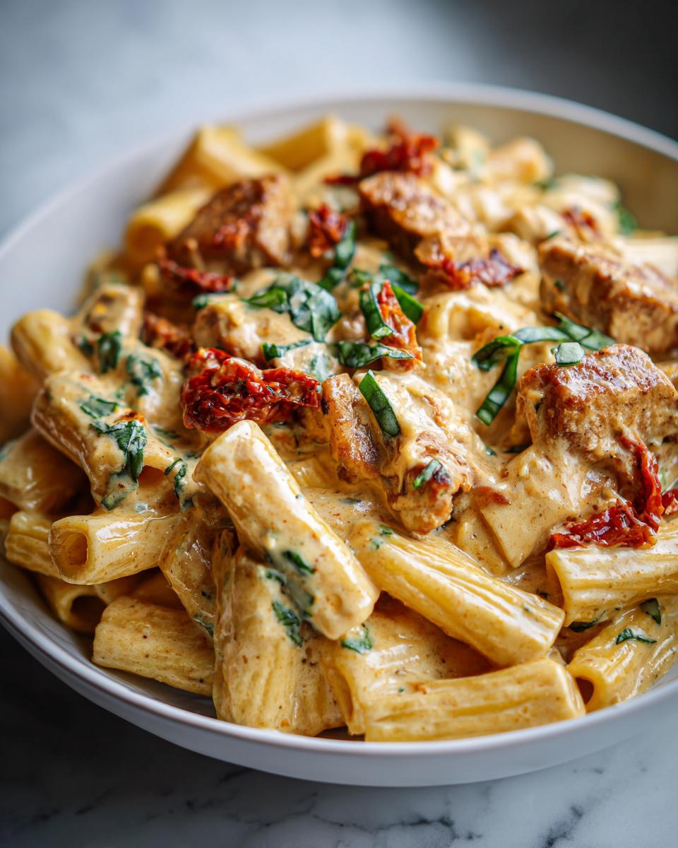Close-up of creamy marry me chicken pasta featuring rigatoni, chicken pieces, sun-dried tomatoes, and basil.