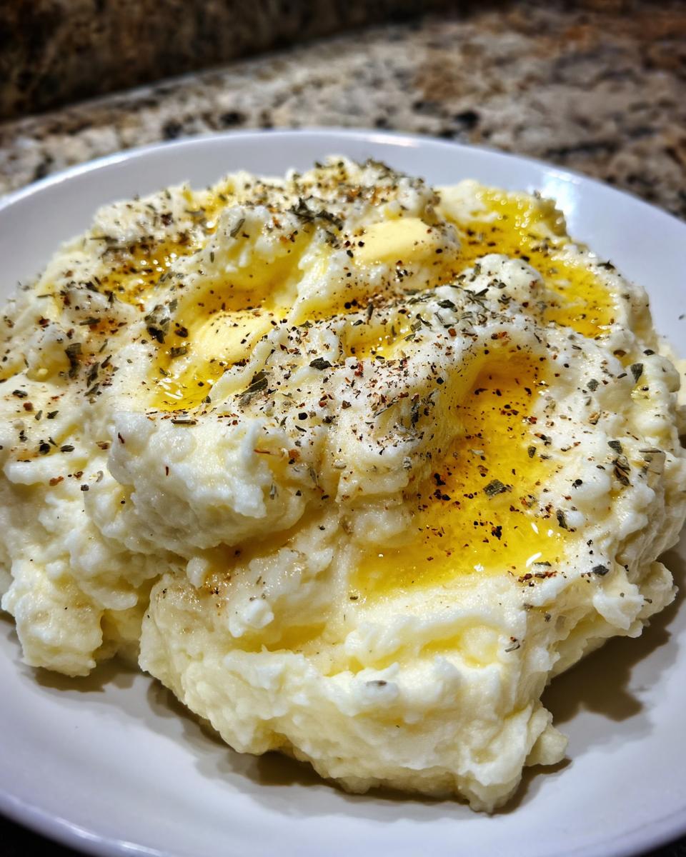 A close-up of fluffy, creamy mashed potatoes topped with melting butter, olive oil, salt, pepper, and dried herbs.