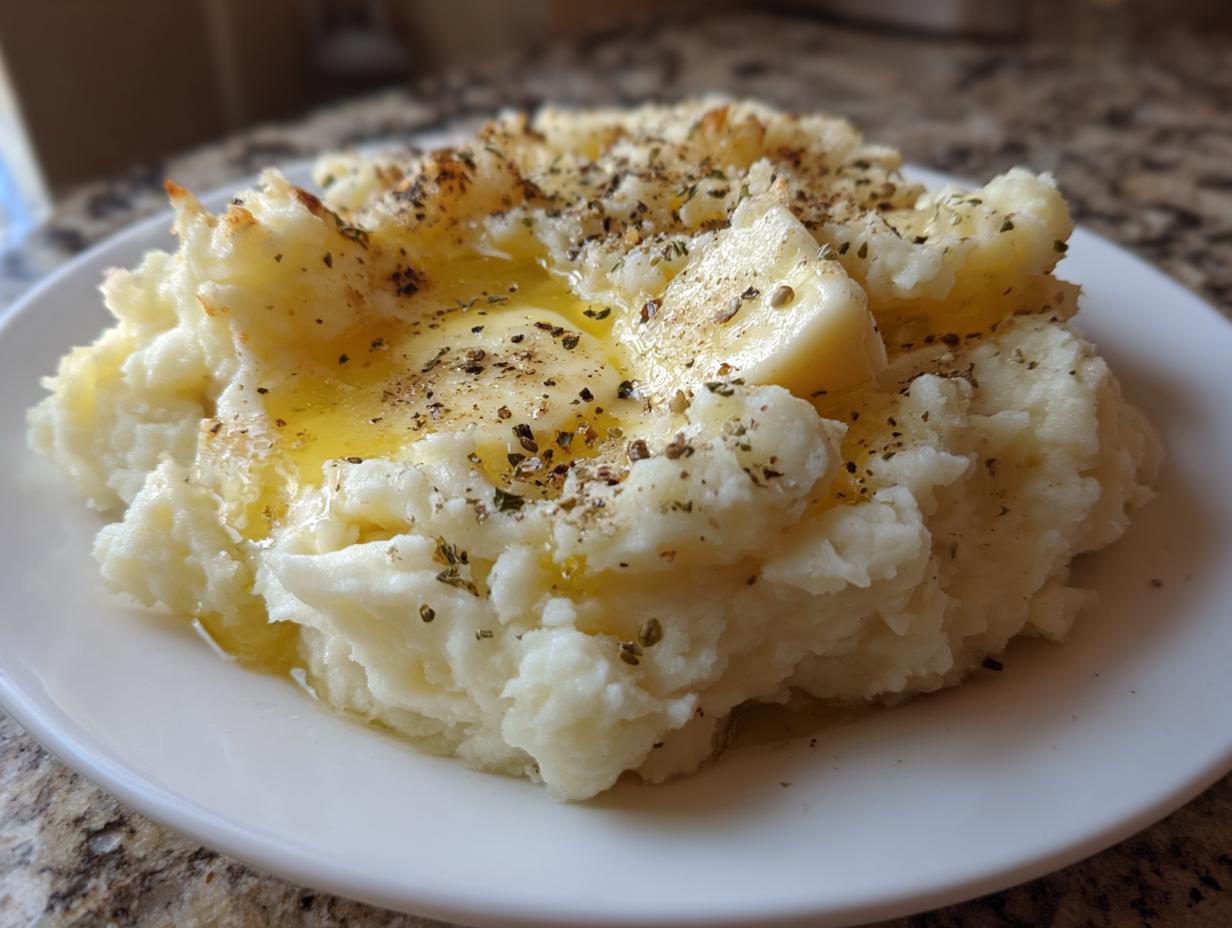 A close-up of fluffy, creamy mashed potatoes topped with melting butter, black pepper, and dried herbs.