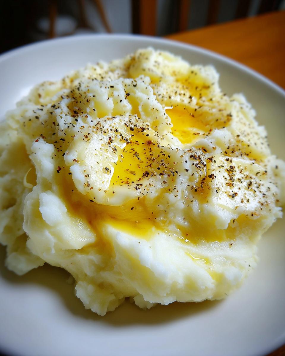 A close-up of fluffy, creamy mashed potatoes topped with melted butter and cracked black pepper.