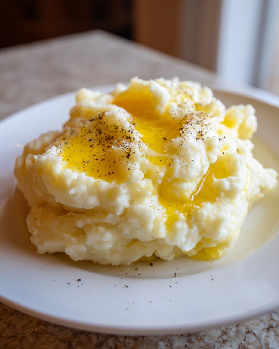 A close-up of a fluffy mound of creamy mashed potatoes topped with melted butter and cracked black pepper.