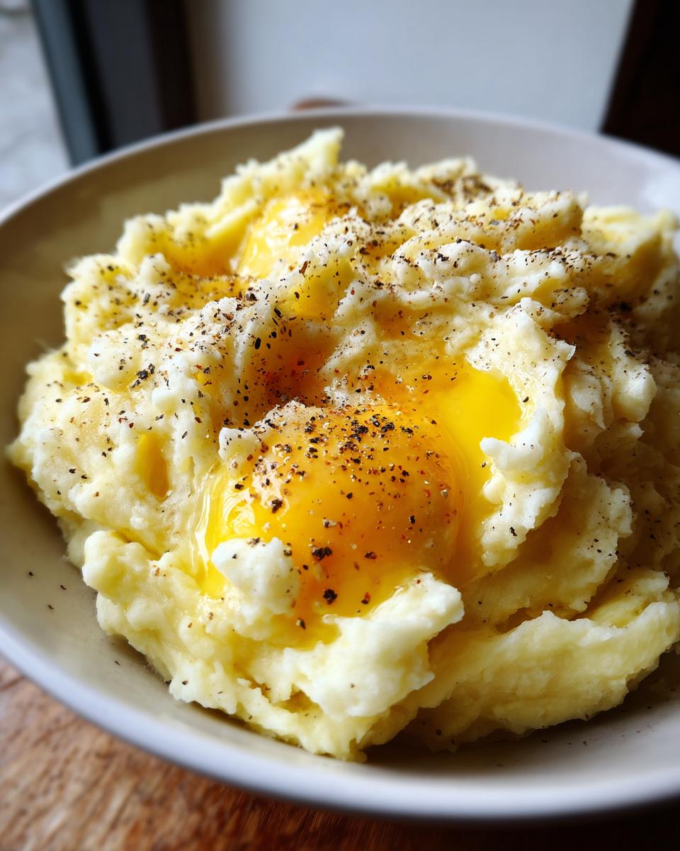 Close-up of fluffy creamy mashed potatoes topped with pools of melted butter and cracked black pepper.