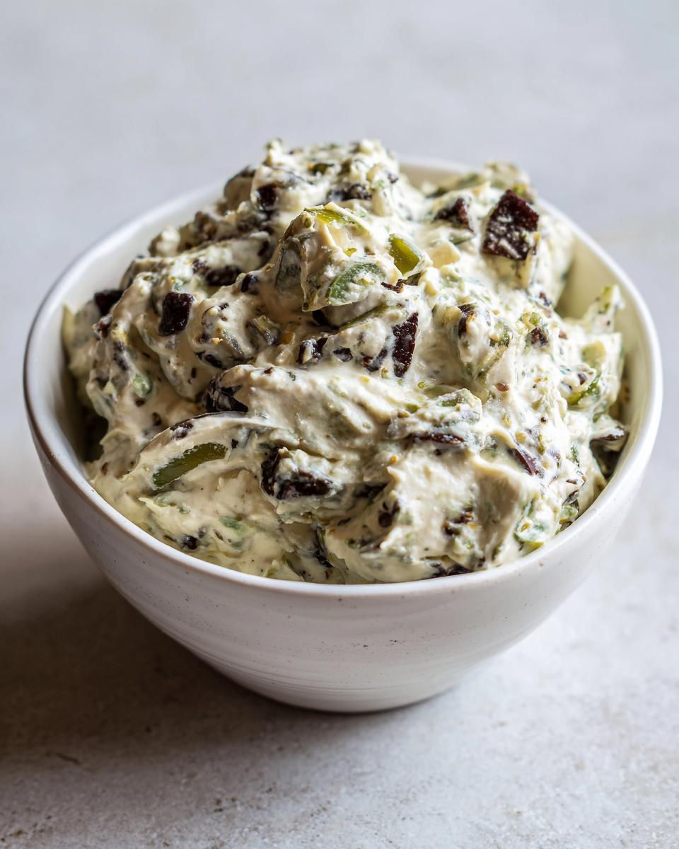 A close-up of a creamy olive dip, featuring visible chunks of black and green olives mixed into a white base, served in a small white bowl.