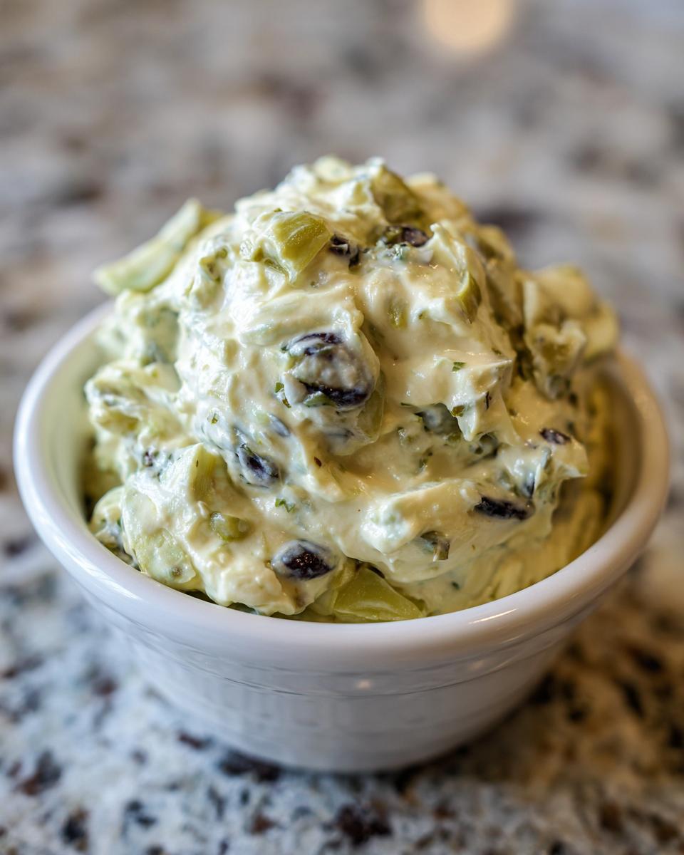 Close-up of a creamy olive dip, featuring chopped green and black olives mixed into a light base, served in a small white bowl.