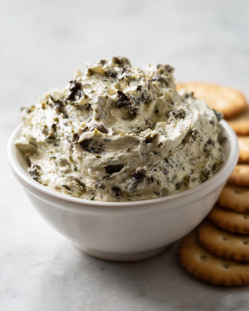 Close-up of a creamy olive dip, flecked with dark olives and herbs, served in a white bowl next to round crackers.
