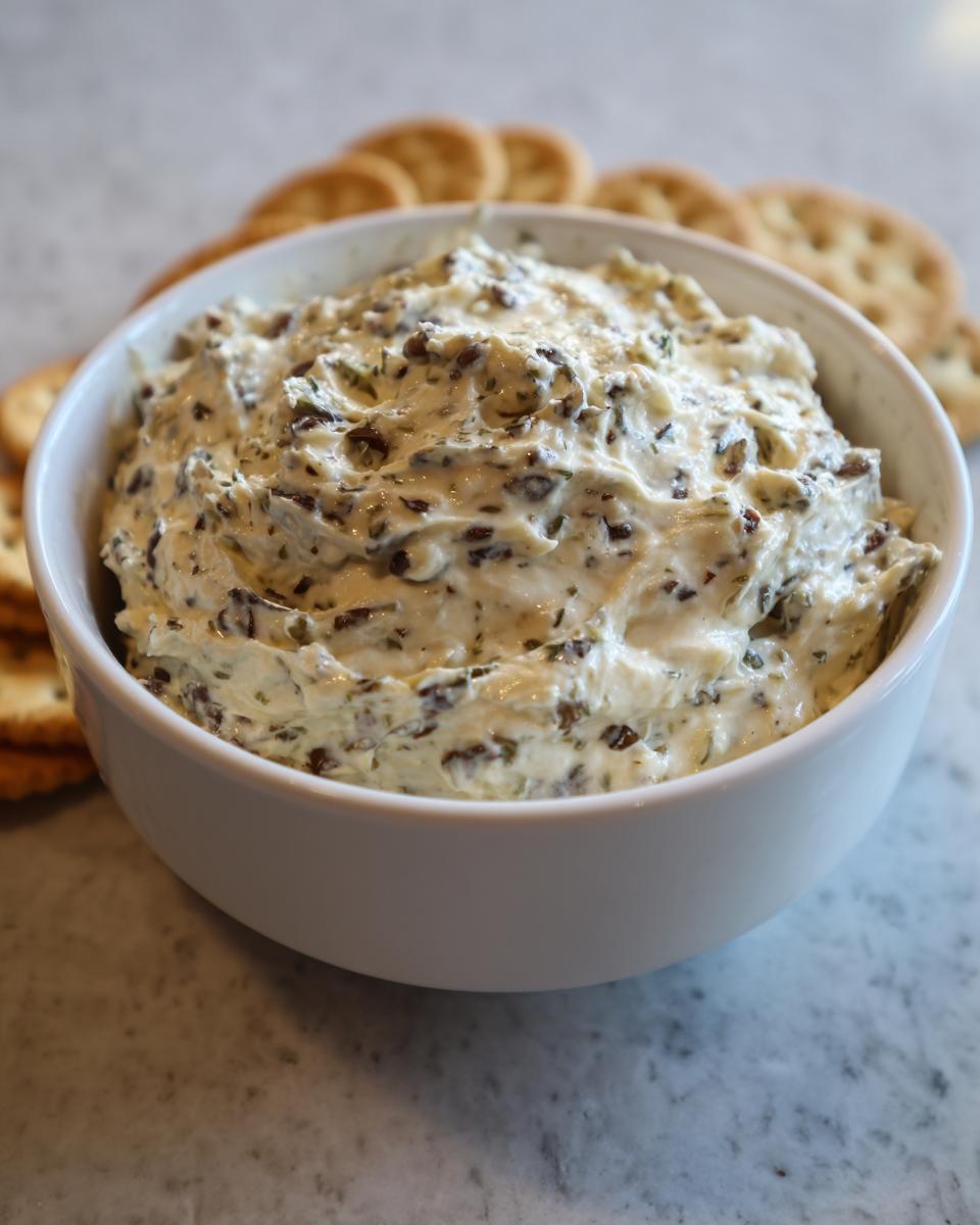 A white bowl filled with creamy olive dip, surrounded by round crackers on a marble surface.