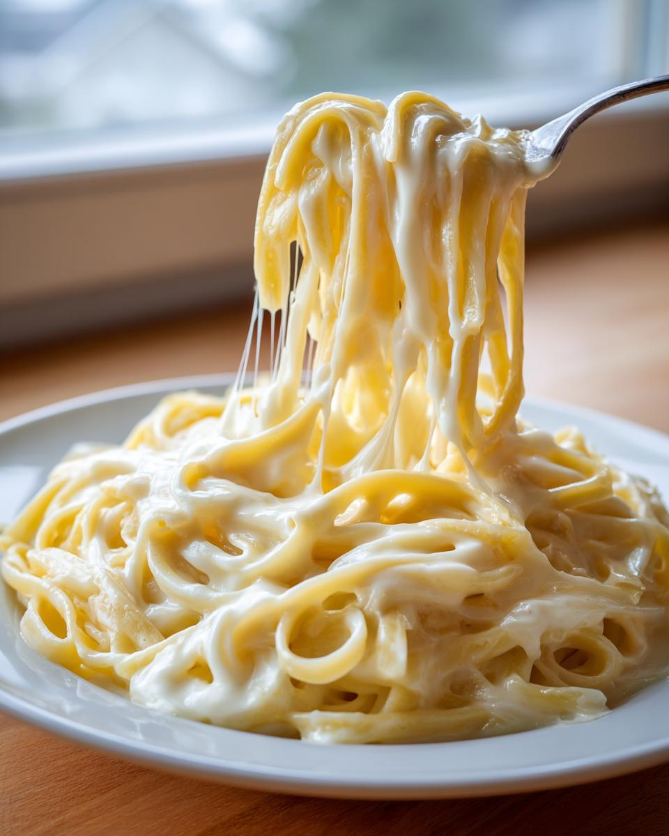A fork lifts fettuccine pasta coated heavily in rich, creamy homemade alfredo sauce, showing cheese pulls.