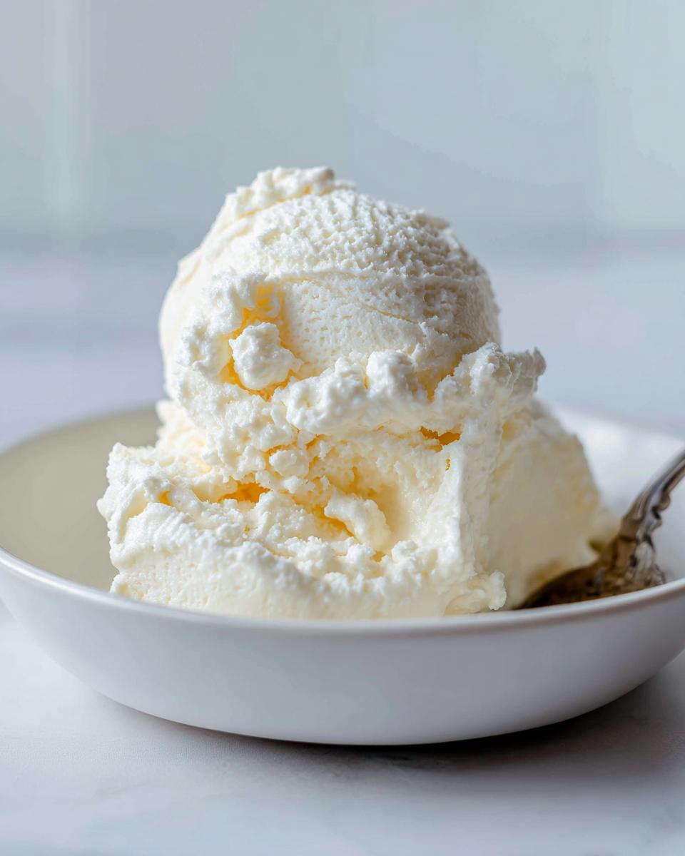 Close-up of two scoops of fluffy, white protein ice cream served in a small white bowl with a spoon.