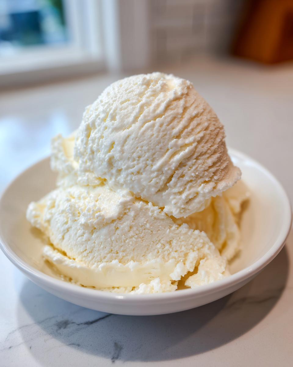 Two scoops of creamy, white protein ice cream served in a small white bowl on a marble countertop.