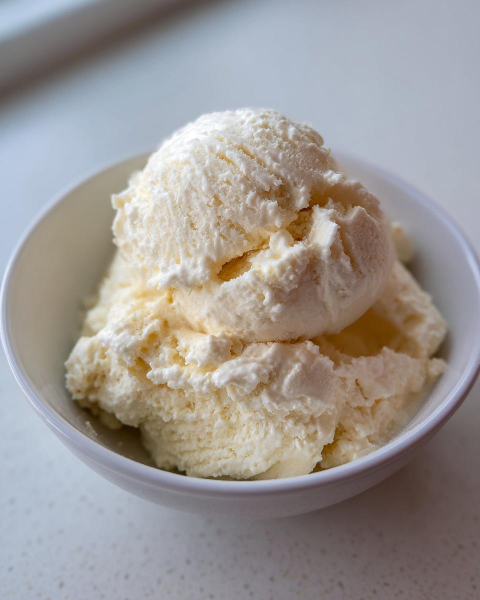 Close-up of creamy vanilla protein ice cream scooped into a small white bowl.